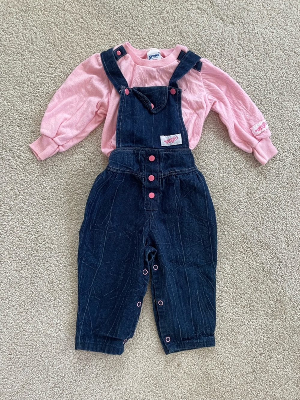 Vintage 80’s Baby Cute Girls Pink Top with Navy Denim Snap Overalls Set sz 18 mo